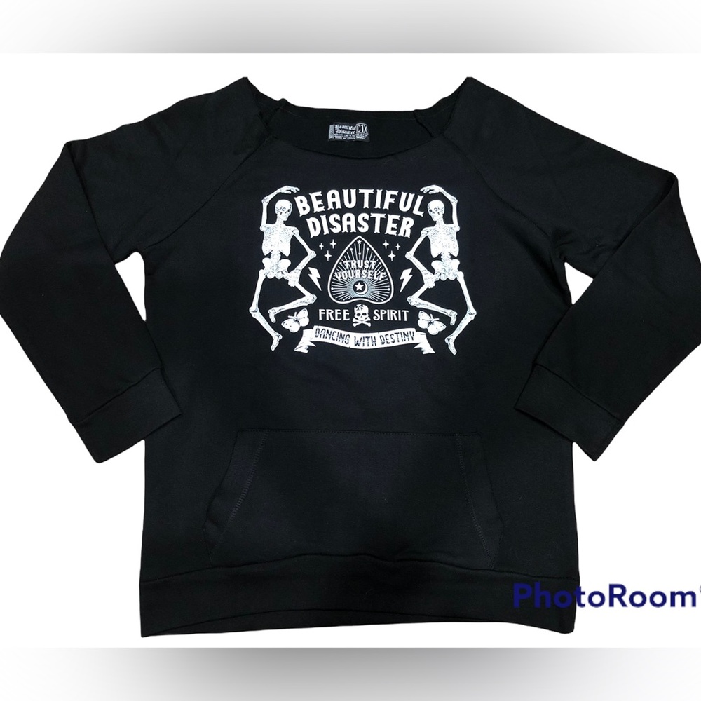 Beautiful Disaster Womens Black Pullover Sweatshirt Skeleton Curvy 1x